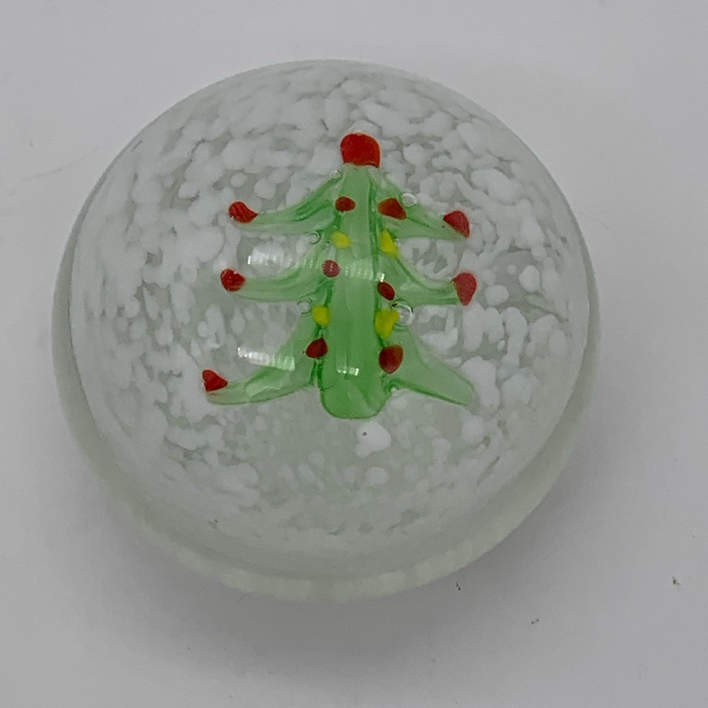 Vintage Hand-Blown Art Glass Decorative Christmas Tree Paperweight With Snow